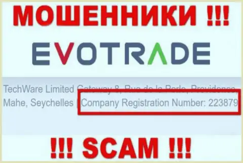 Крайне опасно иметь дело с организацией Evo Trade, даже при наличии номера регистрации: 223879