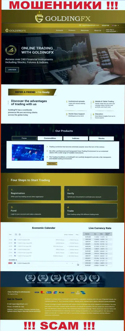 Официальный сервис мошенников GoldingFX, заполненный информацией для наивных людей