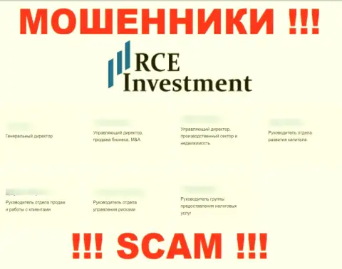 На web-портале махинаторов RCE Investment, приведены фейковые данные об прямом руководстве