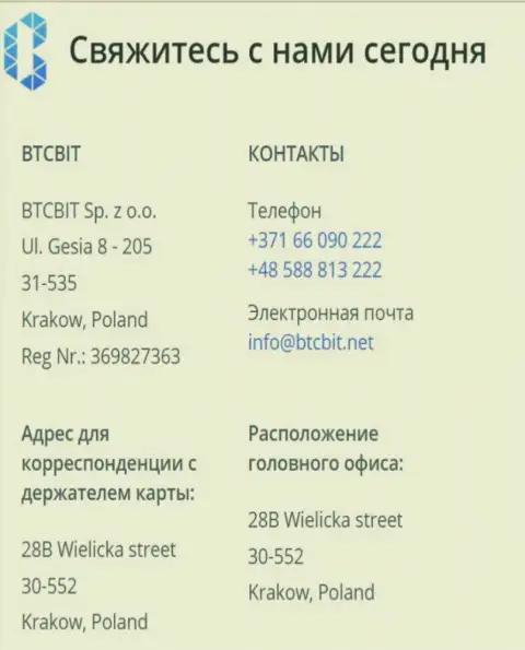 Контактные данные обменника BTCBit Sp. z.o.o.