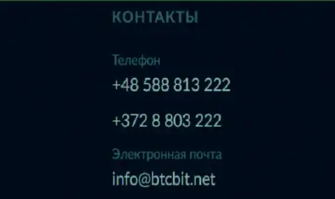 Номера телефонов и электронка интернет-обменки БТКБит Нет
