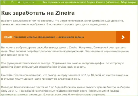 Статья о выводе средств в брокерской фирме Zinnera Exchange, выложенная на web-ресурсе igrone ru