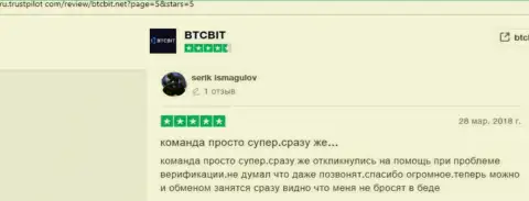 Положительная точка зрения пользователей о работе интернет-компании BTCBit, опубликованная на web-ресурсе trustpilot com