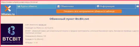 Краткая информация об онлайн обменнике BTCBIT Net на web-портале xrates ru